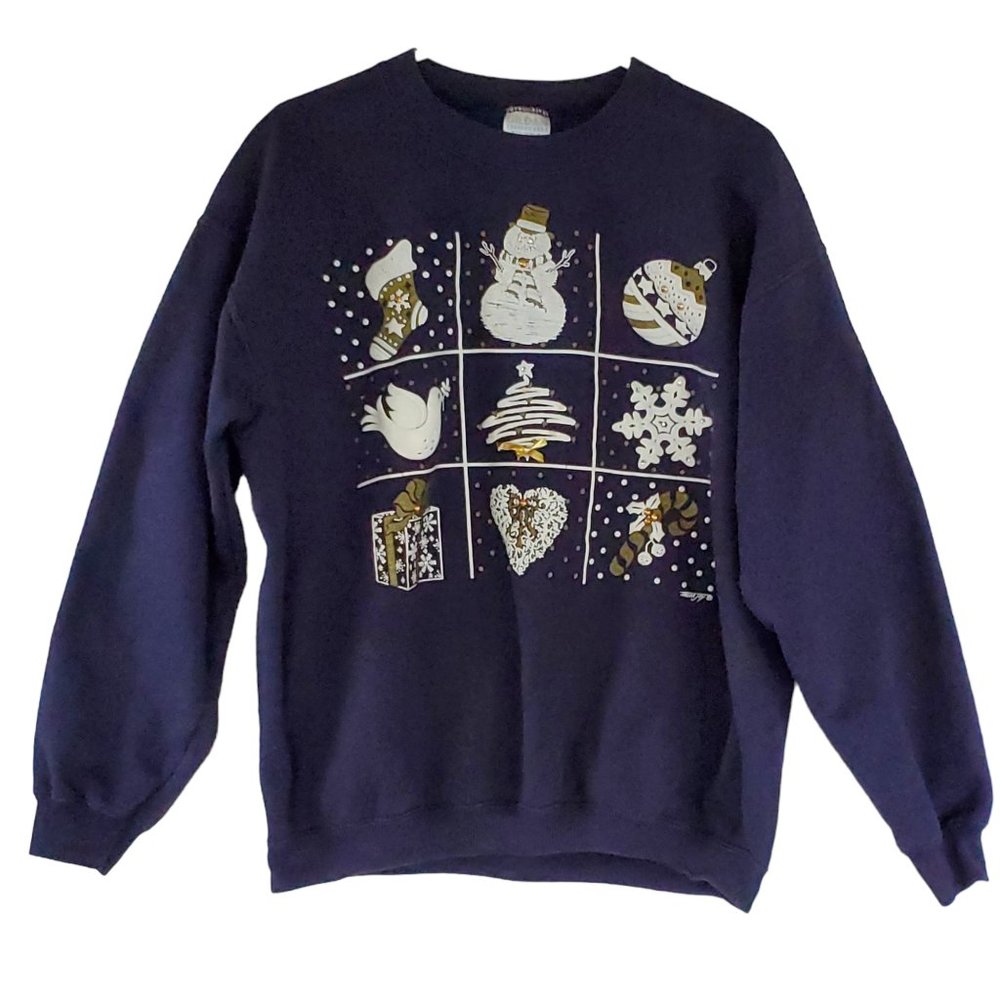 VTG Gildan Sweatshirt Women's M Holiday Christmas Puffer Paint Blue Crew Neck